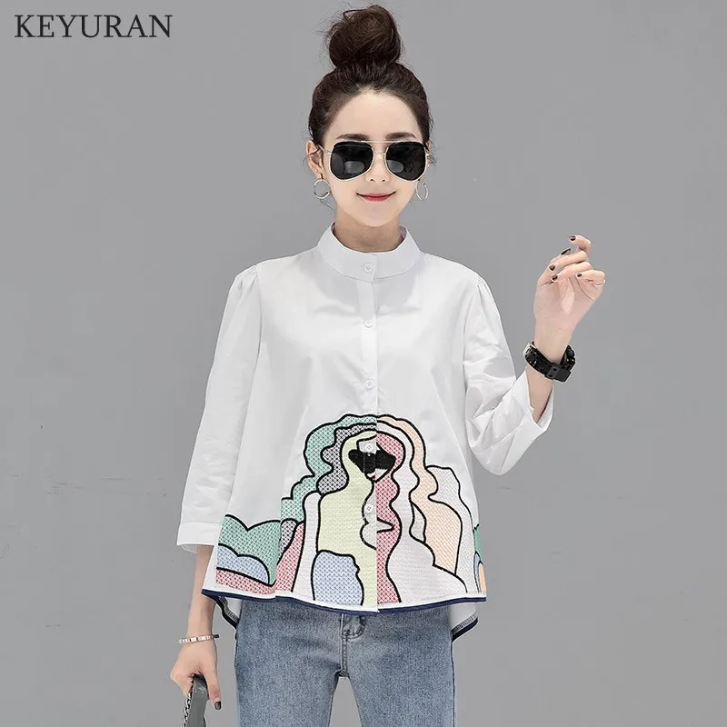

New Arrival Embroidery 3/4 Sleeve Tops Women Cotton Casual Shirt Plus Size Summer Embroided Shirts Stand Collar Fashion Blouse