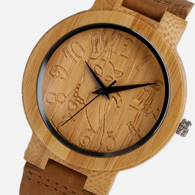 Meilleur Vintage Bois Montre En Bambou Femmes Belle Chat Décontracté Nature Bambou Quartz Montres Créative Simple En Cuir Véritable Bande Horloge