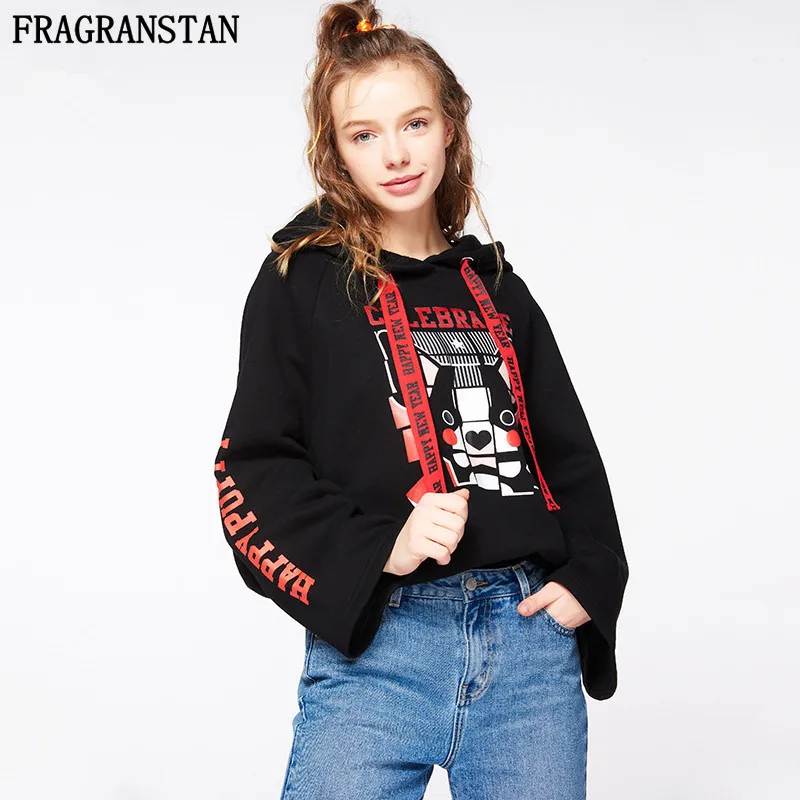 2018 Spring Autumn Fashion Female Black Loose Black Hooded Sweatshirt Flared Sleeve High Quality Casual Plus Size Women Top NB19