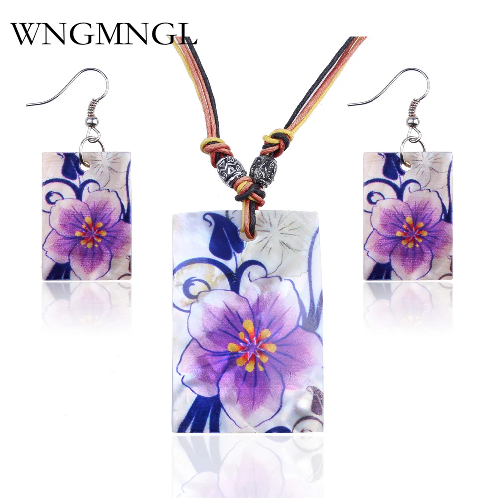 

WNGMNGL Brand New Geometric Shell Jewelry Sets Elegant Women Purple Flower Pattern Square Pendant Necklace and Drop Earrings Set