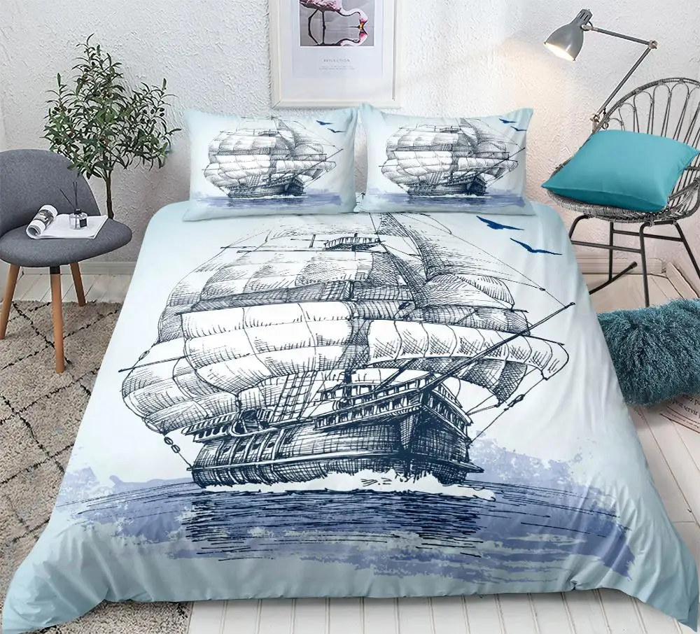 

Sailboat Quilt Cover Set Queen Anchor Bedding Set Ocean Duvet Cover for Kids Bedspreads Nautical Decor Bed Line Hawaiian Summer