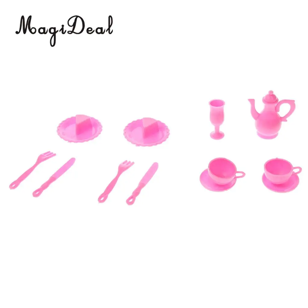 Set of Dollhouse Dining Room Tableware Teacups Dessert Plates Spatula for Dolls Home Decor Accessory Girl Kids Toys Pink