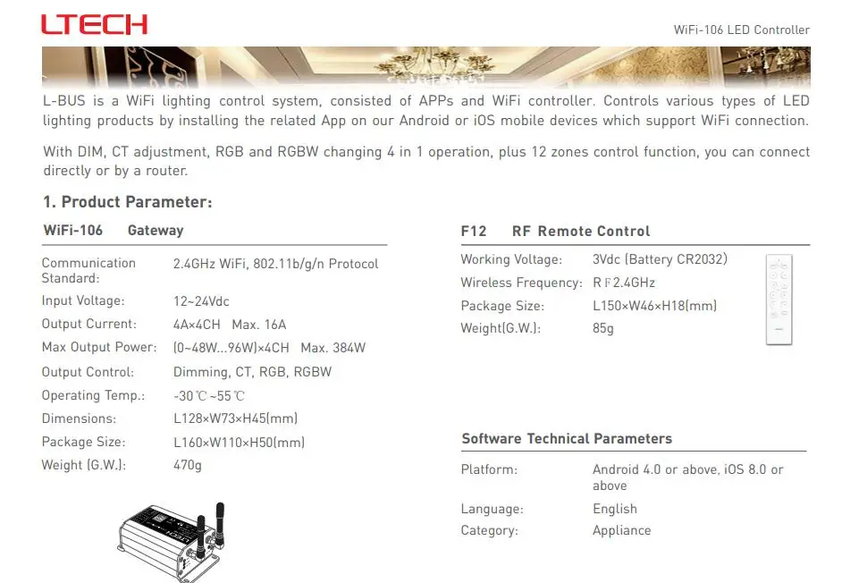 WiFi-106 + F12 пульт дистанционного управления светодиодный освещение контроллер Wi-Fi с тусклый, CT регулировки, RGB и RGBW изменение 4 в 1, плюс 12