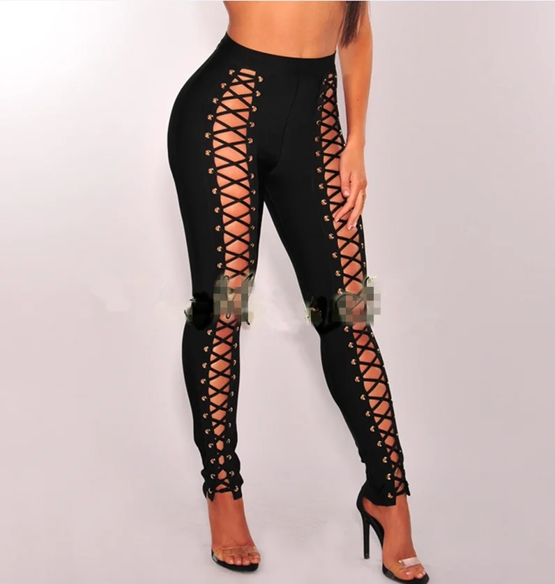 

Top Quality Celebrity Black Khaki Front Weaving Rayon Bandage Pants Fashion Bodycon Pant
