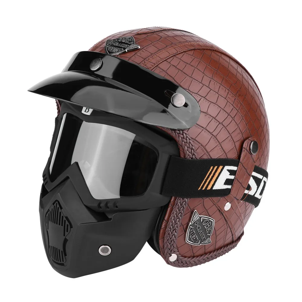 

Motor Helmets 3/4 PU Leather Motorcycle Chopper Bike Helmet Open Face Vintage Motorcycle Helmet with Goggle Mask CarAccessories