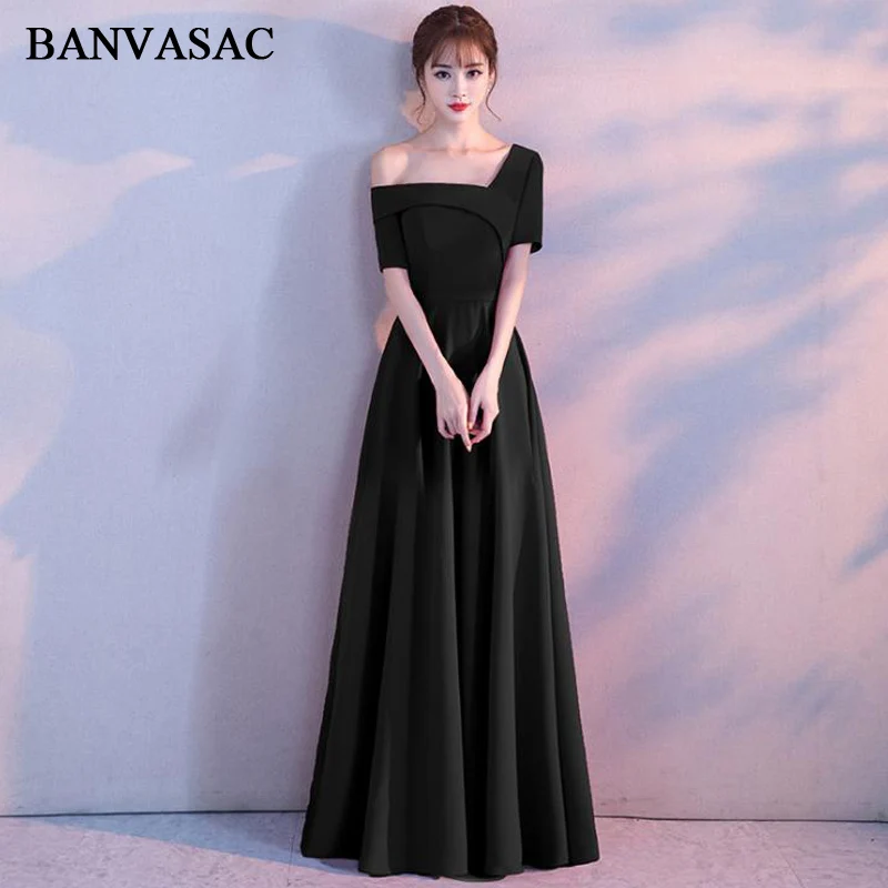 

BANVASAC 2018 One Shoulder Satin Sash A Line Long Evening Dresses Elegant Party Short Cap Sleeve Backless Prom Gowns
