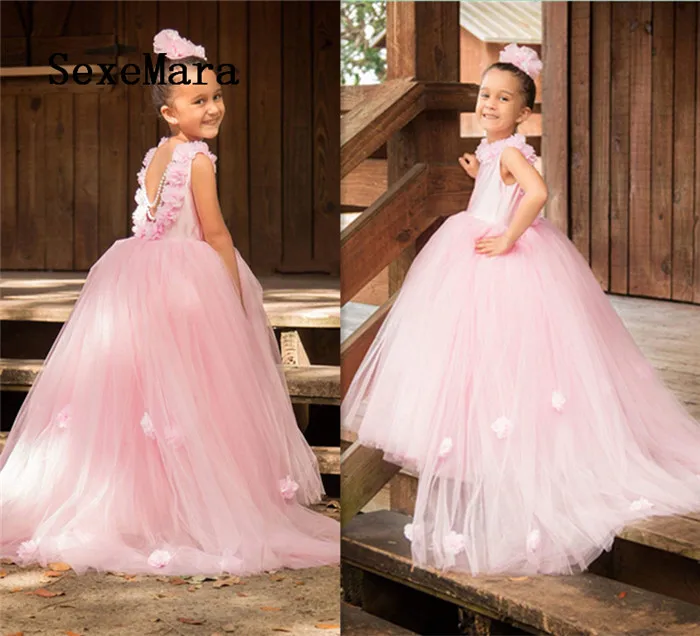 

New Arrival Ball Gown Pink Puffy Tulle Flower Girls Dresses for Wedding O Neck Flower Girls Pageant Gown Birthday Christmas Gown