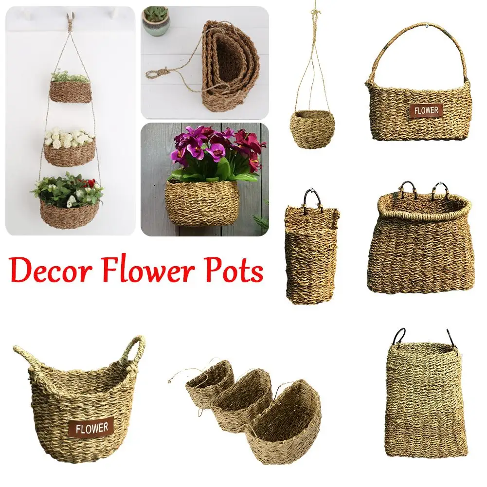 

Garden Decoration Indoor Outdoor Handmade Straw Braided Hanging Flower Basket Hand-Woven Craft Storage Basket Flower