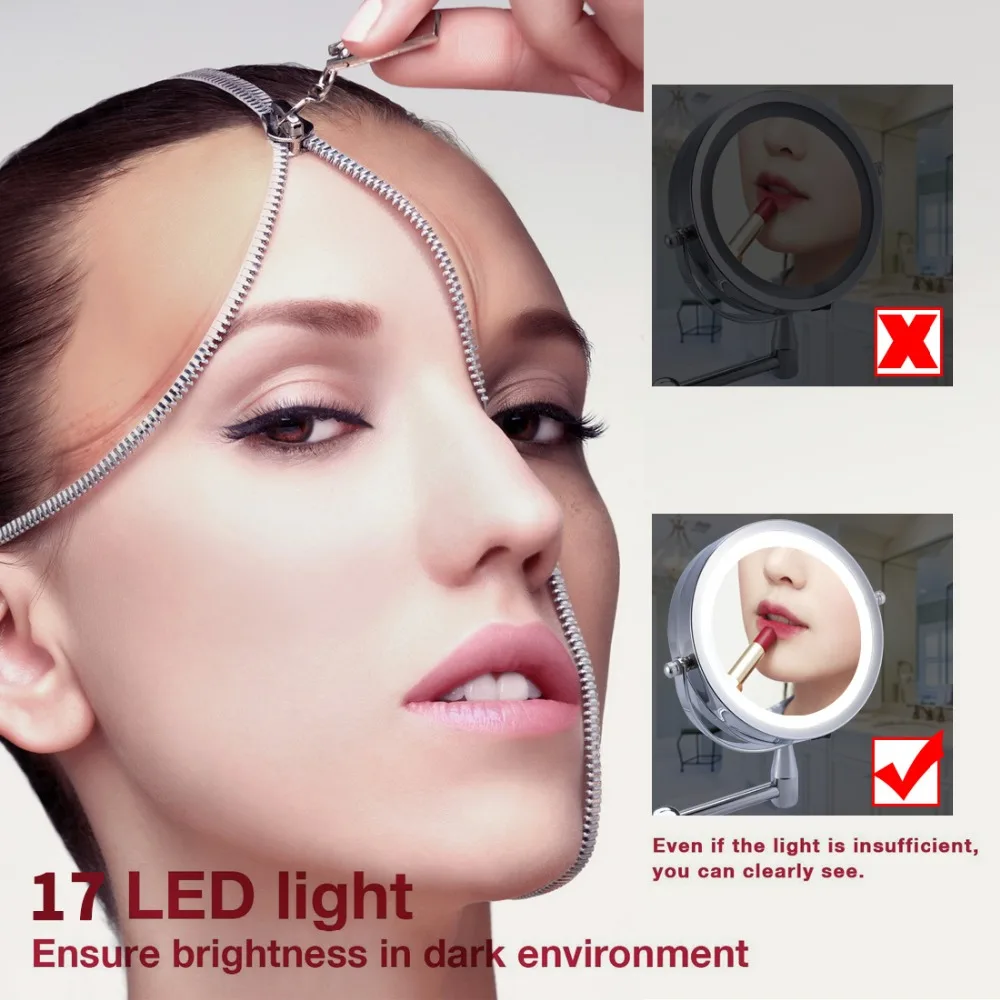 Günstige Wand Montiert Einstellbar Make Up Spiegel Bad Led Spiegel 6 Zoll 1X 5X Vergrößerung Dual Arm Verlängern 2 Gesicht kosmetik Spiegel