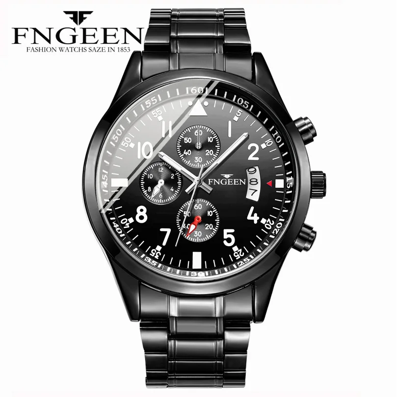 

FNGEEN Brand Luxury Men Watches Black Watch Men Stainless Steel Waterproof Business Sport Wristwatch