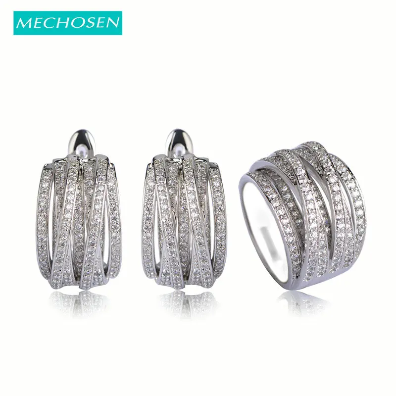 MECHOSEN роскошные медные Свадебные Ювелирные наборы Серебряные серьги кольцо для