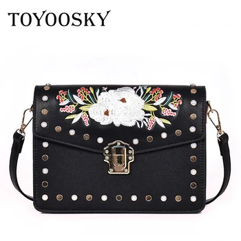 

TOYOOSKY Women Embroidery Flower Flap Bag Designer PU Leather Chains Rivet Messenger Bag Ladies Small Shoulder Bag bolsos mujer