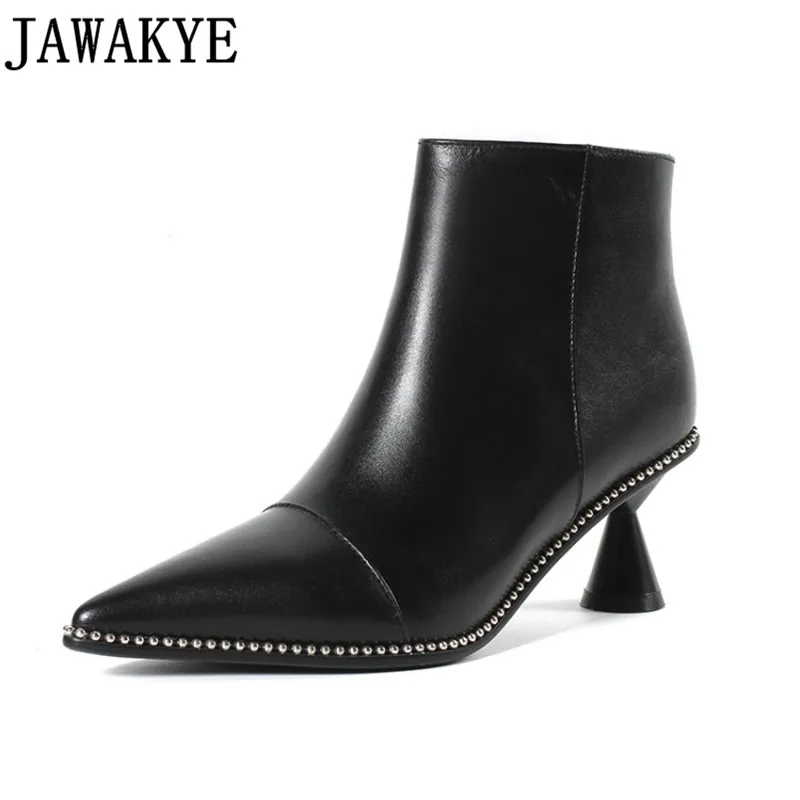 

Point Toe real leather Ankle Boots for women rivets string beaded high heels short boots newest antumn winter botas feminina
