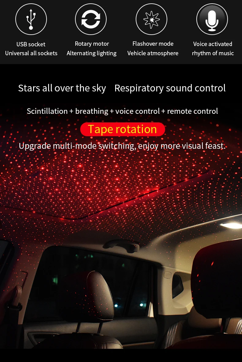 Автомобильный стиль USB интерьерный декоративный светильник с дистанционным управлением вращающаяся Лазерная лампа звездного неба Авто проекционный музыкальный атмосферный светильник