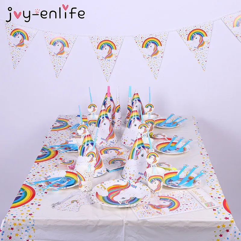 

JOY-ENLIFE Unicorn Theme Party Decor Kids Children Cartoon Gift Bag Paper Plate Cup Banner Hat Set Baby Shower Party Supplies