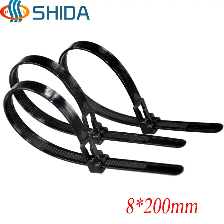 100 pcs/lot 8*200mm Black Releasable Nylon Cable Ties Plastic Zip Ties