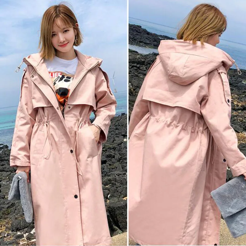

Fashion Women Windbreaker Plus Size Pink Hooded Feminine Trench Coat Casual Korean Style Fall Female Coats Nice New vogue