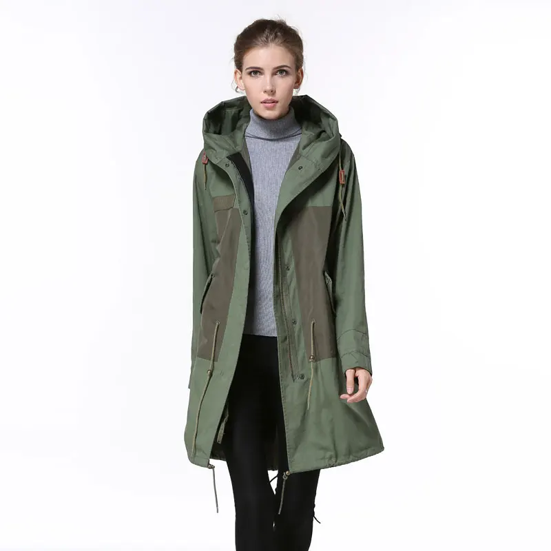 Spring ladies wind coat without fur lining fur collar women hooded
