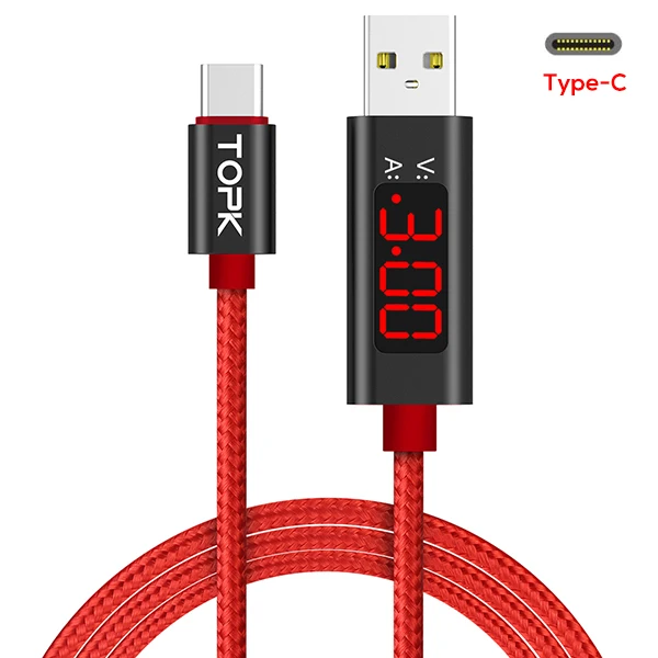 Red TOPK AC27 3A(макс.) usb type C кабель, QC 3,0 Быстрая зарядка напряжение и ток дисплей нейлоновый Плетеный USB C кабель для синхронизации данных - Цвет: Red