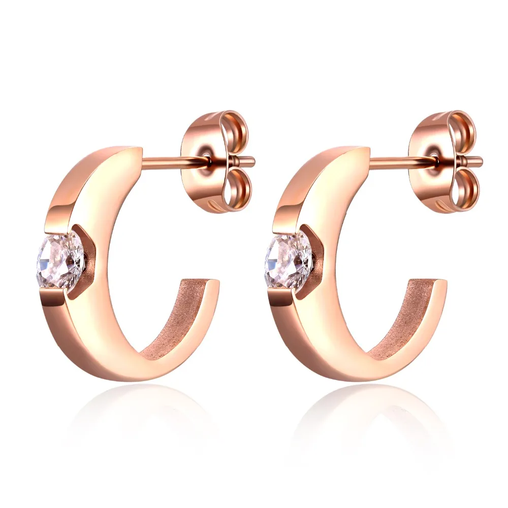

Trendy Simple C Design inlay CZ Stainless Steel Stud Earrings For Women Rose Gold Color Ear Jewelry Accessories Gift