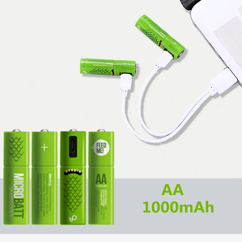 4 шт./лот, новинка, 1,2 V AA перезаряжаемая батарея, 1000 mAh, USB Ni-MH перезаряжаемая батарея с микро-usb зарядным кабелем