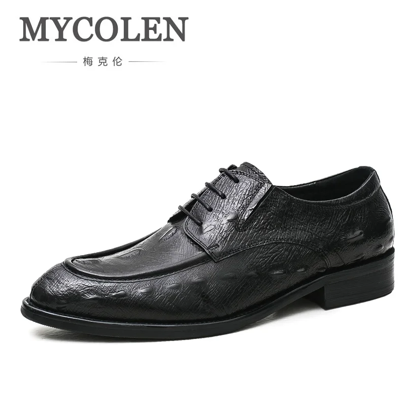 MYCOLEN Men Winter Dress Shoes Crocodile Print Genuine Leather Male Shoes Brown Black Lace Up Dress Wedding Party Fashion Shoes vintage wintersweet print pin up dress