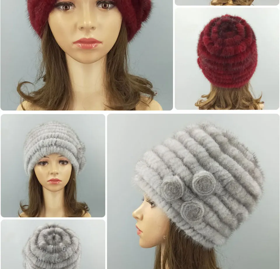 Полосатая вязаная шапка, вязаные шапки из меха норки, женские шапки-бини из натурального меха, русские шапки-ушанки, эластичные зимние теплые женские шапки