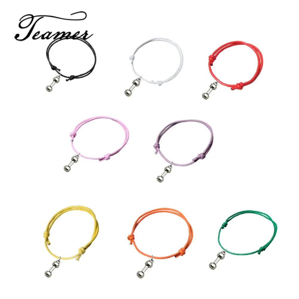 

Teamer Adjustable Colorful Waxed Cord Bracelets With Sliver color Tiny Dumbbell Pendants gift For Gym Enthusiast 5pcs/lot