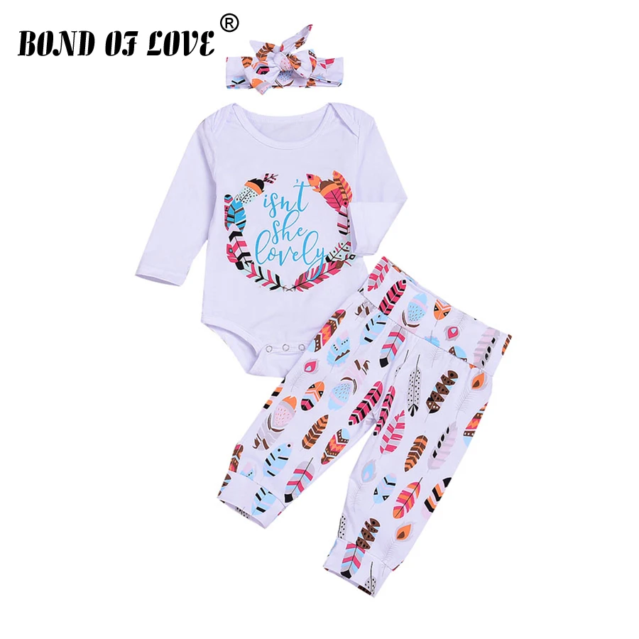 Kids Clothes Set Girl Baby Bodysuit Long Sleeve Cotton Letter Bodysuit Pant Headband 3pc Baby Clothing Retail Children Suits