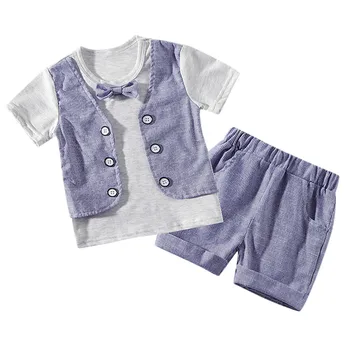 

Baby Boy Clothes Summer Patchwork Tee Tops Short Sleeve Gentleman T-Shirt +Elastic Shorts Set одежда для новорожденных