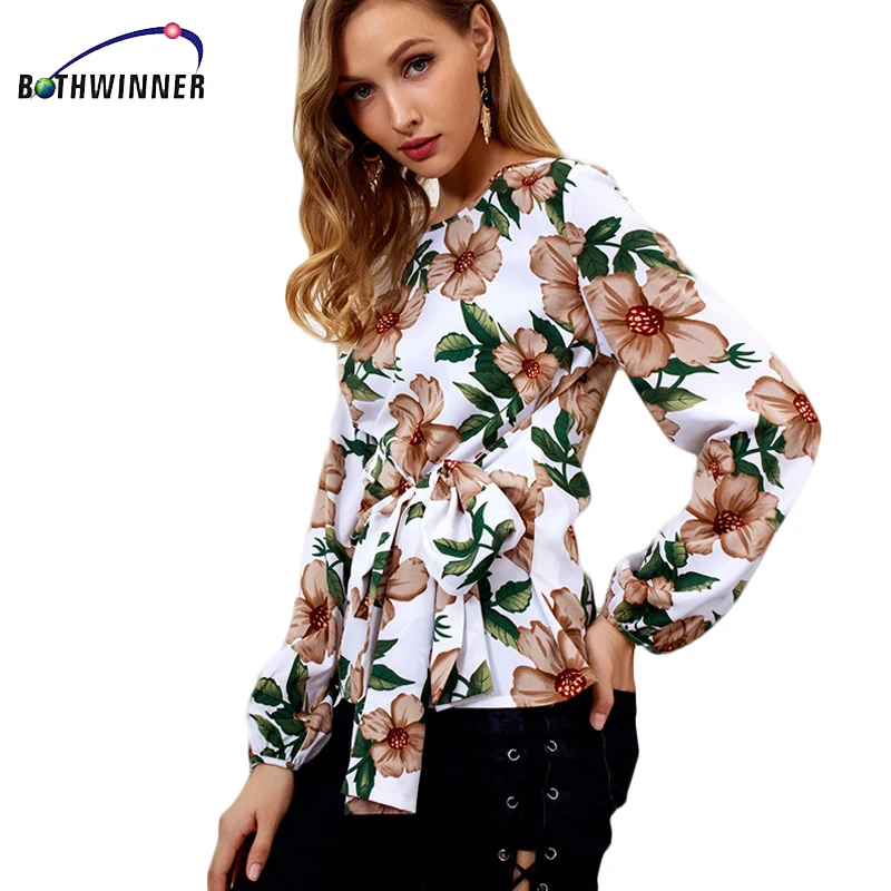 Floral Imprimé Élégant Tops Chemisier Blusa Automne Harajuku O De Longues Feminina À Blue Nouveau Travail 2018 Vêtements Et Blouse Cou Manches white Femmes wIqdUC4