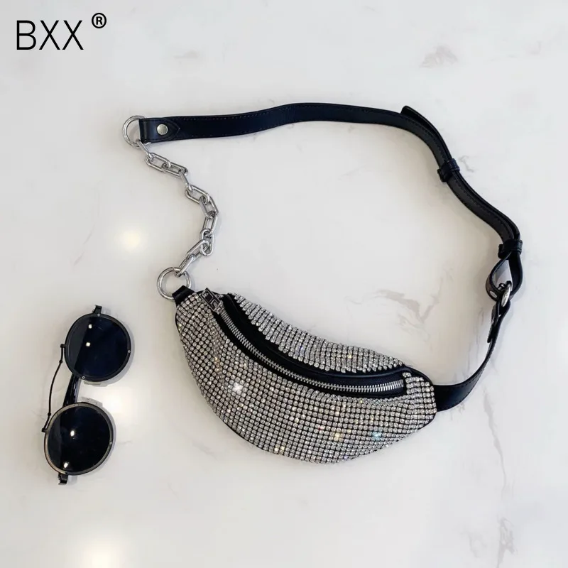

[BXX] Women's Single Shoulder Crossbody Bag All-match Flap Rhinestone Bag 2020 Chic Chain Chest Waist Diamond Package HG636