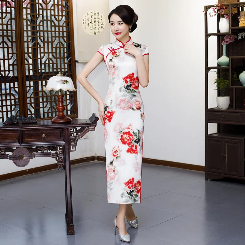 Плюс размеры XXXXXL белый китайский для женщин элегантные длинные Qipao печатных леди Ципао Сельма платье Cheongsam сексуальное костюмы