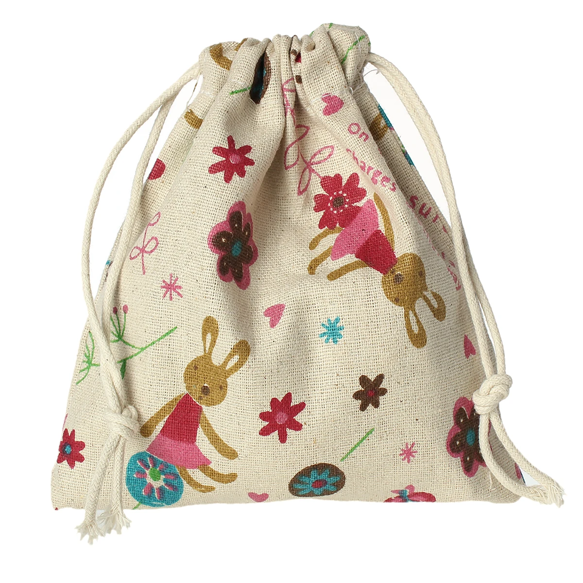 MJARTORIA 4PCs Natural Color Cute Rabbit Pattern Gift Bag Linen