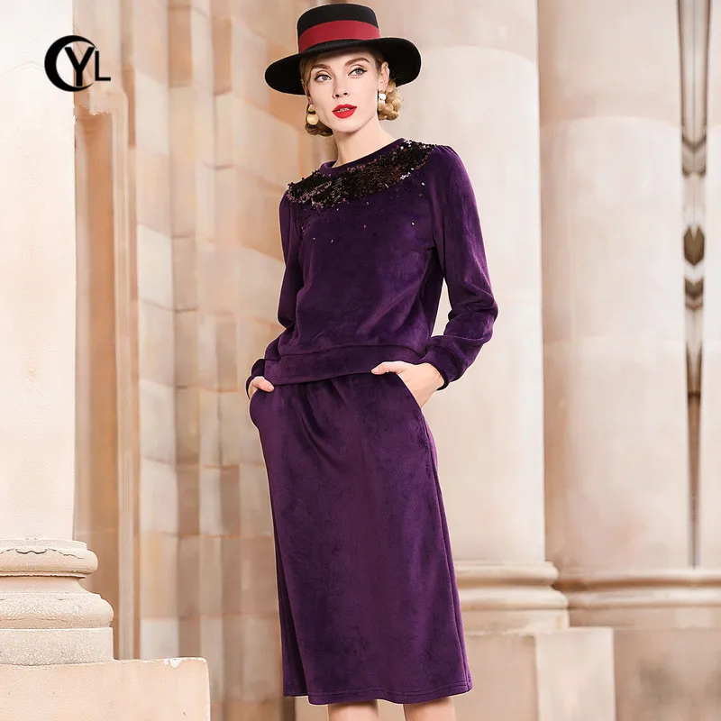 

OUYALIN Brand L-XXXL 4XL 5XL Plus size Women Skirt Set 2019 Spring Warm Long sleeve Sequins Velvet Tops Pullover and Skirts Sets