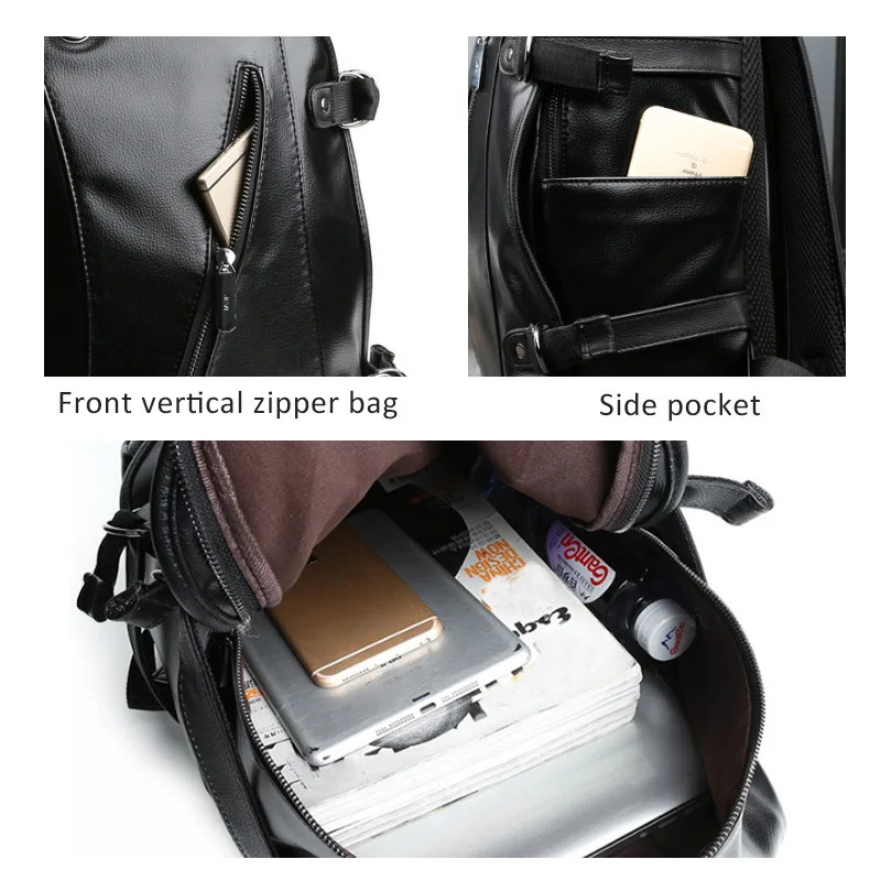  Men's Leather Waterproof Large Laptop Bag USB Design with Headphone hole Travel Backpack School Bag - 32887508706