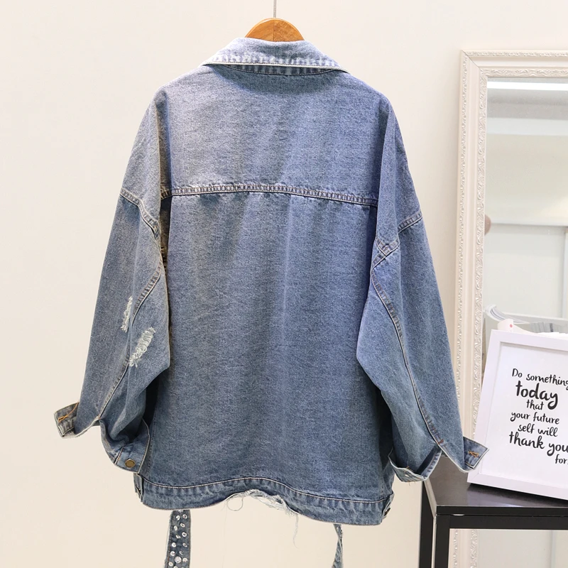 Veste Manches Longues Tops Vestes Cassé Ulzzang Lourd Lâche 2018 L'europe Femme De Paillettes Et Bleu Trou Femelle L'automne Denim À Manteaux Femmes TxUHUg