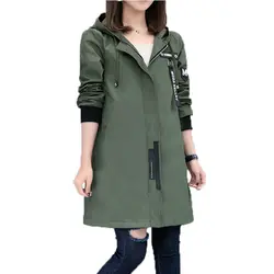Новинка 2017 года Демисезонный Тренч Для женщин повседневные с длинным рукавом с капюшоном средней длины Армейский зеленый женский пальто