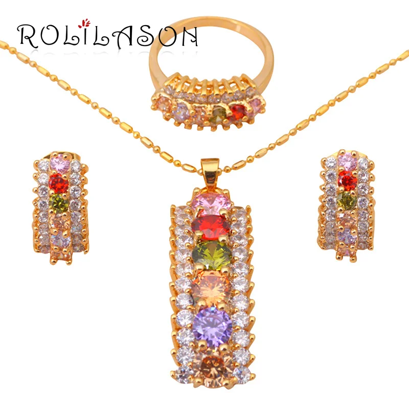 Rolilason золотой цвет серьги Цепочки и ожерелья кольцо #6.5 #8 #9 комплект ювелирных