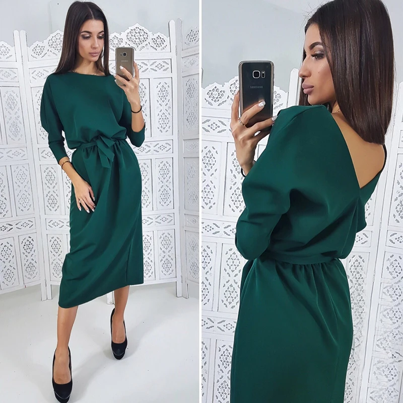 

Women Vintage Backless Dress Ladies Seven Sleeve O Neck Knee Dress Office Lady Elegant Women Dress