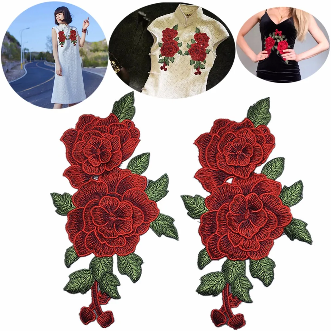 1 Pair 230*130mm New Red Rose Flower Embroidered Sew on Patch Clothes Jeans Fabric Sticker