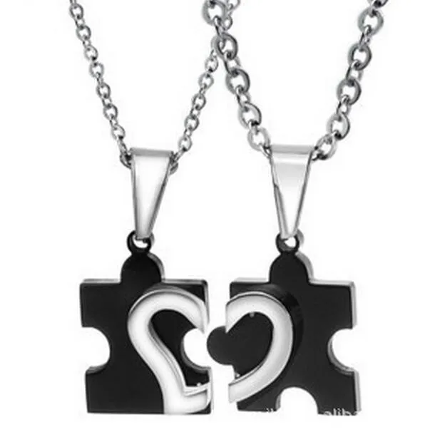 

Fashion love heart puzzles Titanium steel couple necklace GX265