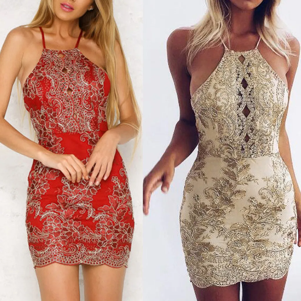 

Ladies'Red Embroidered Dresses Summer Red Ribbon Dresses Necklace Short Banquet Hollowed outdress #YL1