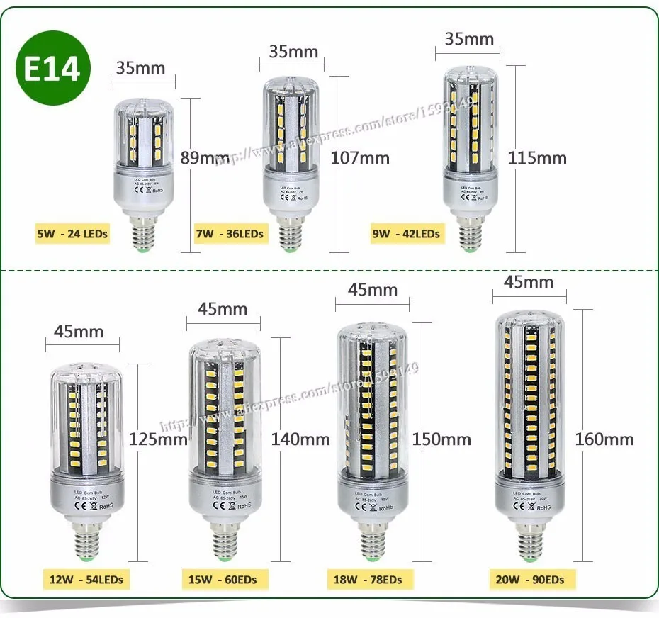 Реальный полный Вт, 5 Вт, 7 Вт, 9 Вт, 12 Вт, 15 Вт, 18 Вт, 20 Вт, Алюминий PCB светодиодный светильник 5736SMD AC85-265V E27/E14 кукурузная лампа светильник 24 36-42 54 60 78 90 светодиодный s