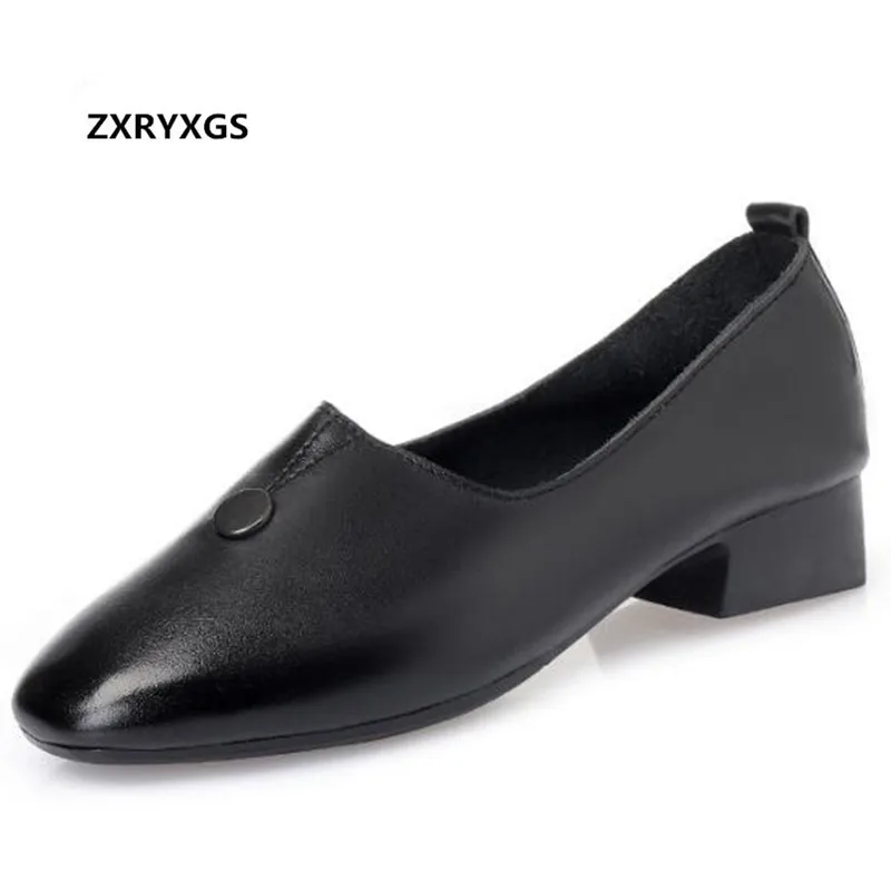 

2019 New Spring Square Head Genuine Leather Shoes Comfortable Plus Size Low-heeled Women Shoes Work Fashion Casual Shoes Black