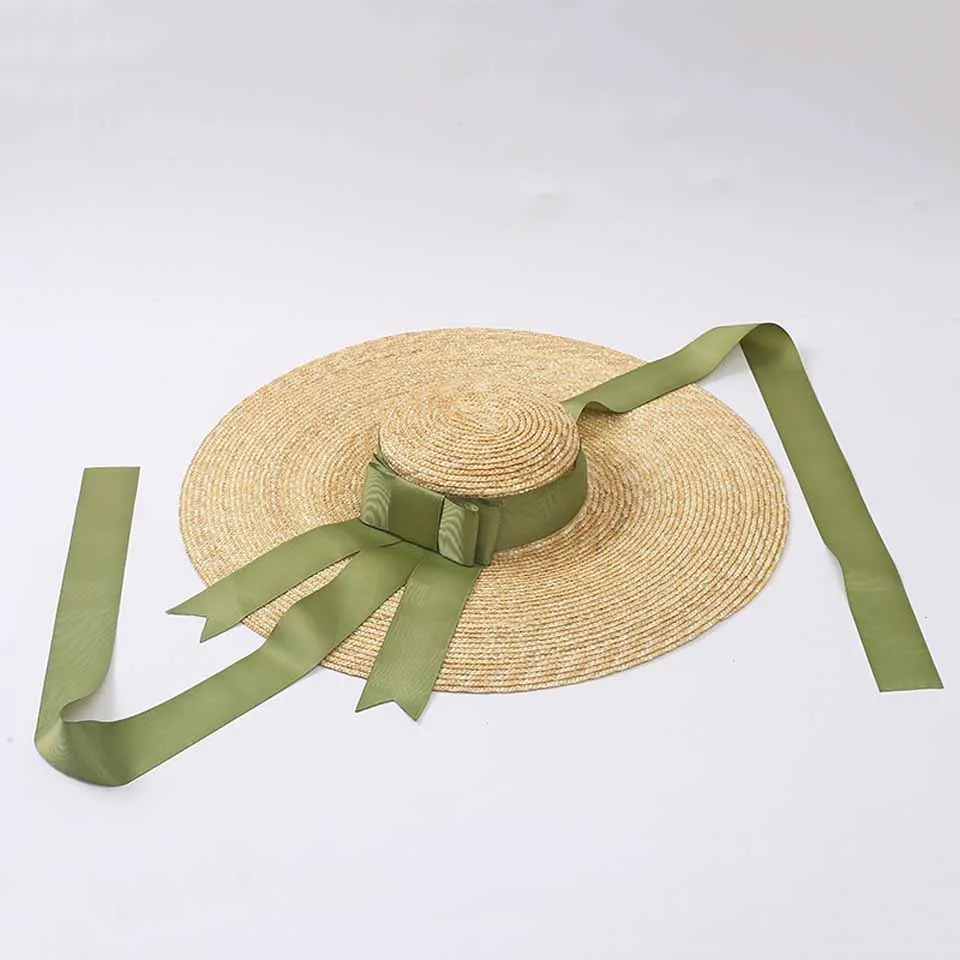 Natural Wheat Straw Hat Ribbon Tie 15CM/18CM Brim Boater Hat Elegant Beach Sun Hat Cap Lady Summer Wide Brim UV Protect Hats - Цвет: F0089-2