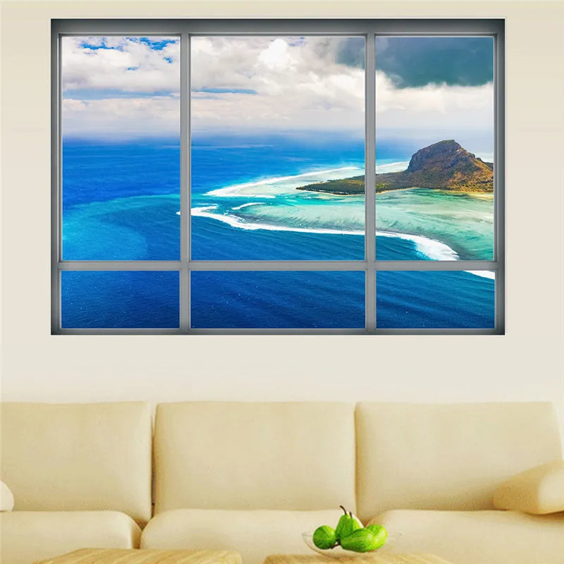 

Romantic Blue Sea View 3D Window Landscape Wall Sticker Self-adhesive PVC Wallpaper Fake Window Wall Stickers Wall Art 4 Types