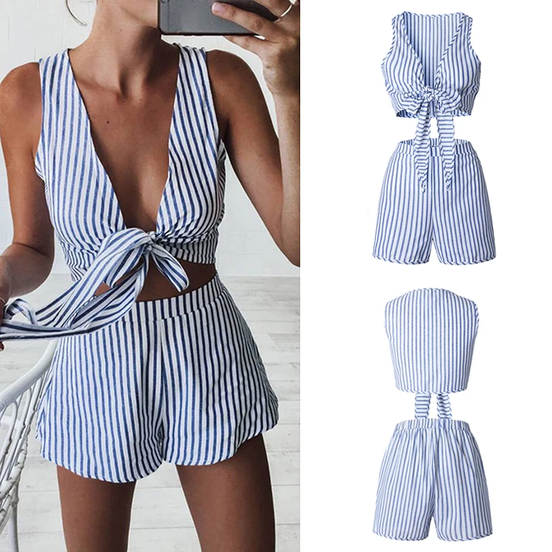 2Pcs Set For Woman Womens Summer Sexy Crop Tops+ Striped Shorts Ladies Sexy Playsuits Tunic Co-ord Set Fashion Beach Overall Set