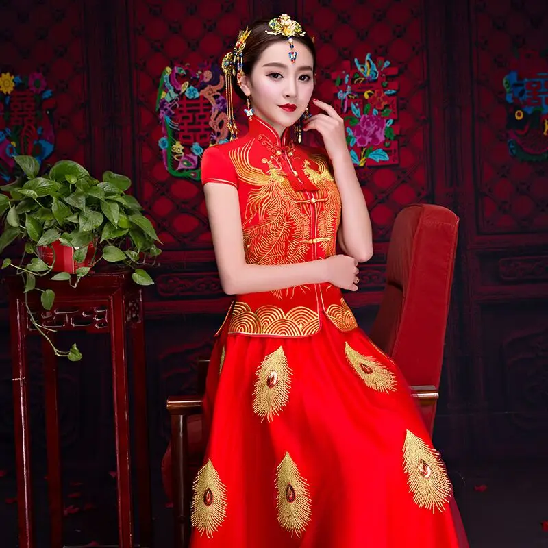 Восточный, Азиатский невесты красоты Китайский традиционный свадебный платье для женщин красный цветочный длинный рукав вышивка Чонсам халат Ципао стиль