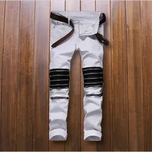 2016 Модные Мужские Белый Мульти Молнии Ночной Клуб Джинсы Мужские Slim fit Карандаш Джинсы P3049